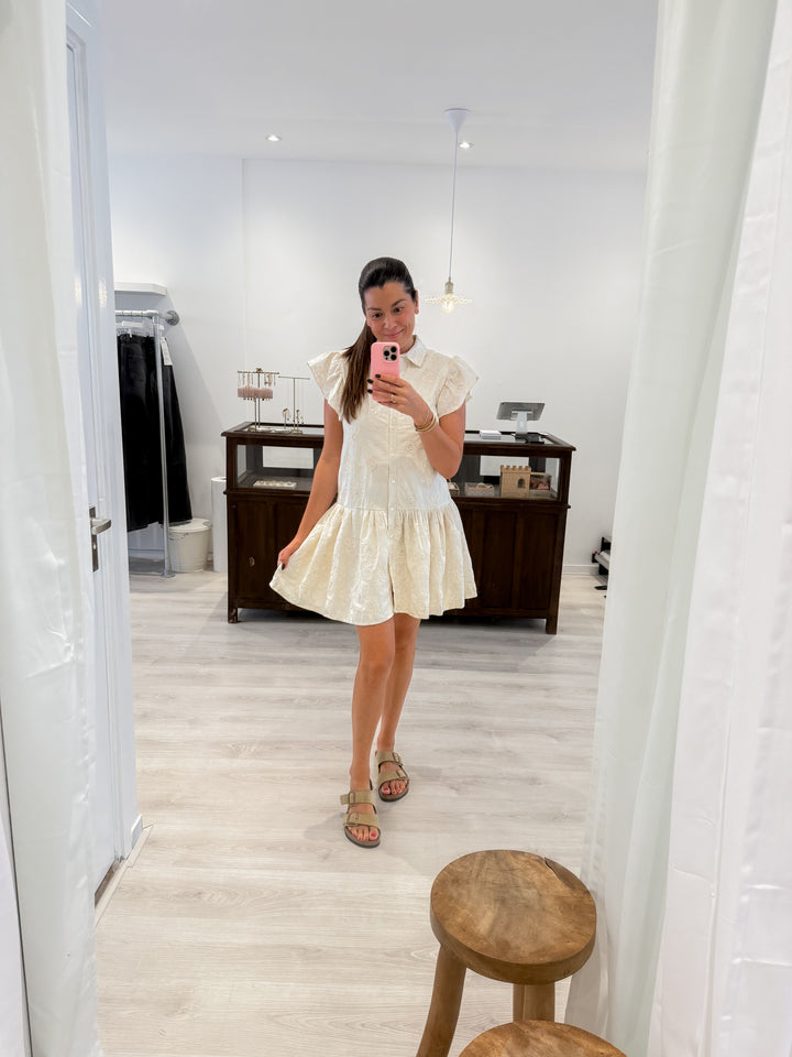 Ecru Dress With Floral Embroidery - By Liev