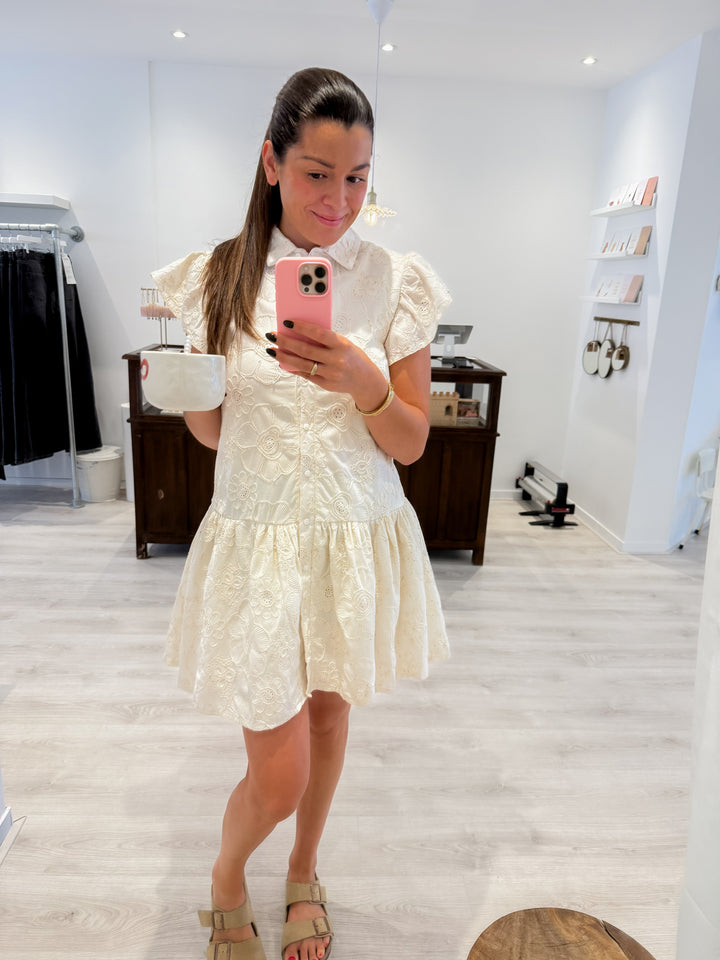 Ecru Dress With Floral Embroidery - By Liev